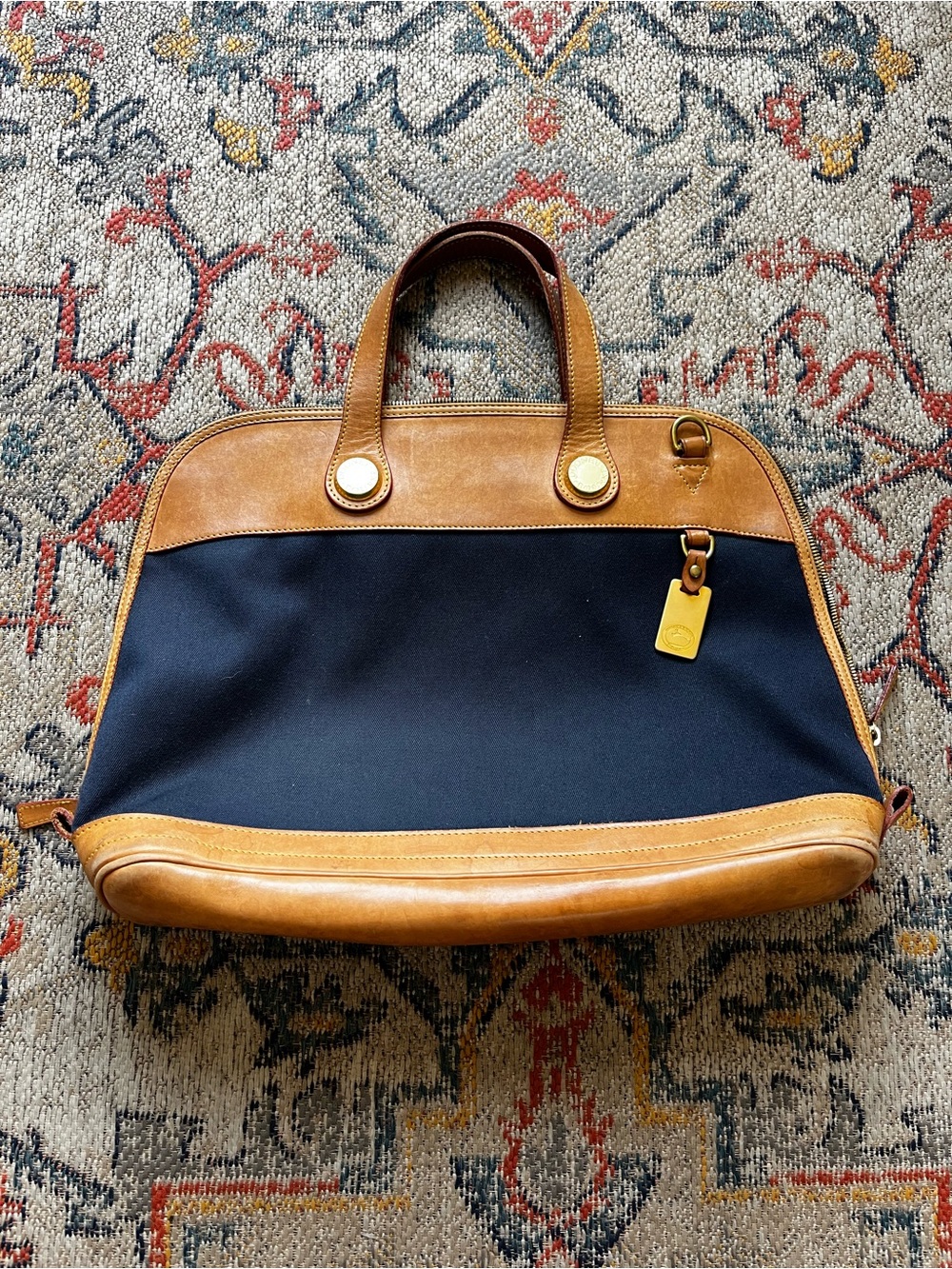 Dooney & Bourke Navy Tan Satchel Zip Top Handle Gold Hardware Bag Charm No Strap